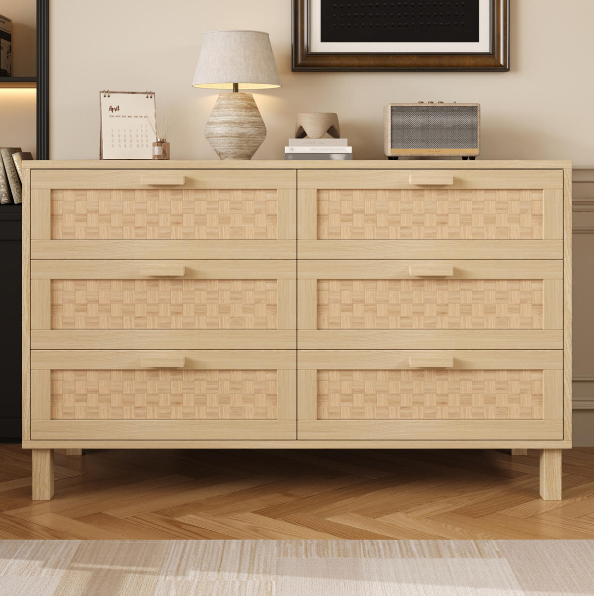 SIDEBOARD mit 6 Schubladen 120/40/75 cm in Naturfarbe mit Rattanoptik - Naturfarben, Holzwerkstoff (120/75/40cm) - BEAOK