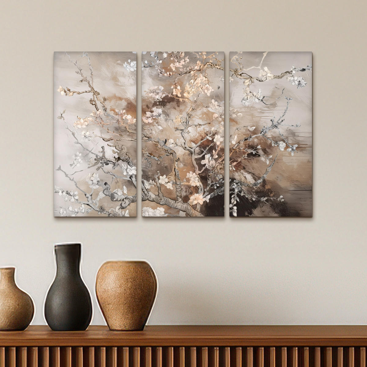 LEINWANDBILD 3er Set Mandelblüte - Abstrakt - Beige 60x40 cm - Beige, Textil (60/40cm) - MuchoWow