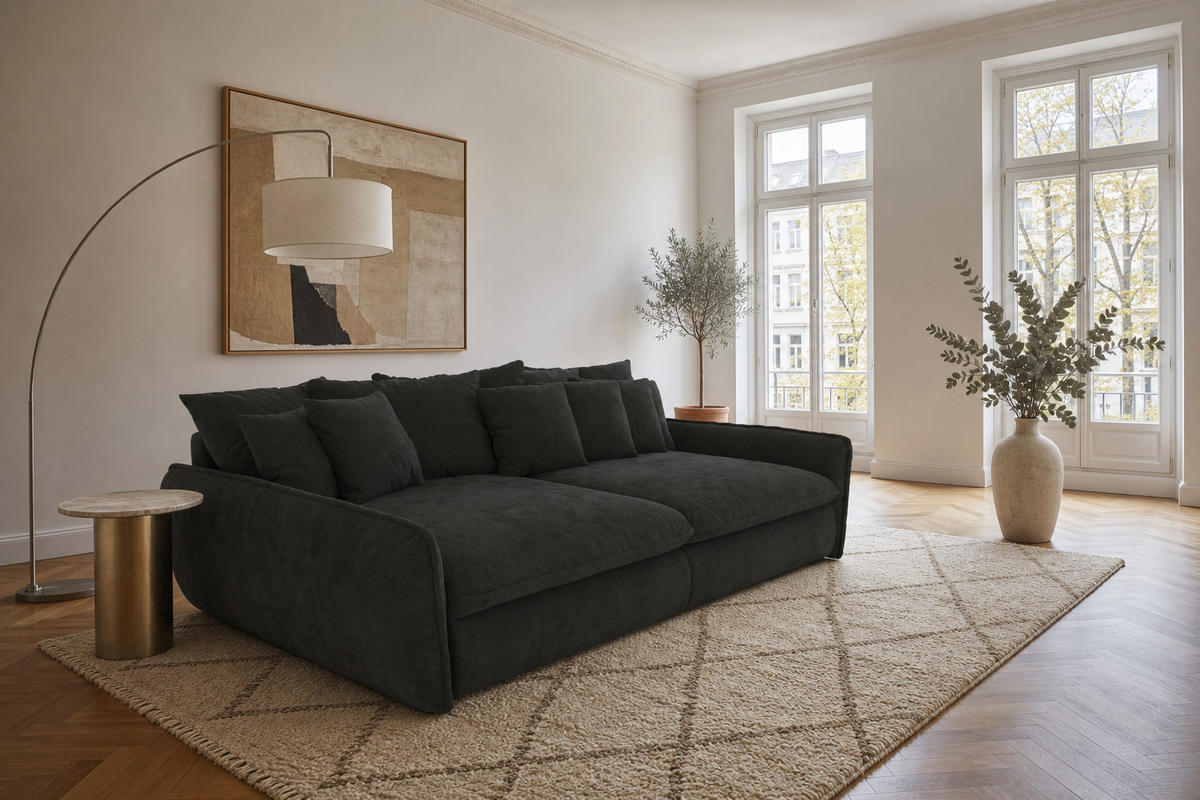 BIGSOFA Hereford Velvet Grau inkl. 11 Kissen 234/131/61 cm - Anthrazit, Kunststoff/Textil (234/61/131cm) - foamnova