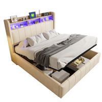 POLSTERBETT 160/200 cm Beige mit LED-Beleuchtung und USB-Steckdose, hydraulischem Stauraum - Beige, Textil (160/200cm) - OKWISH