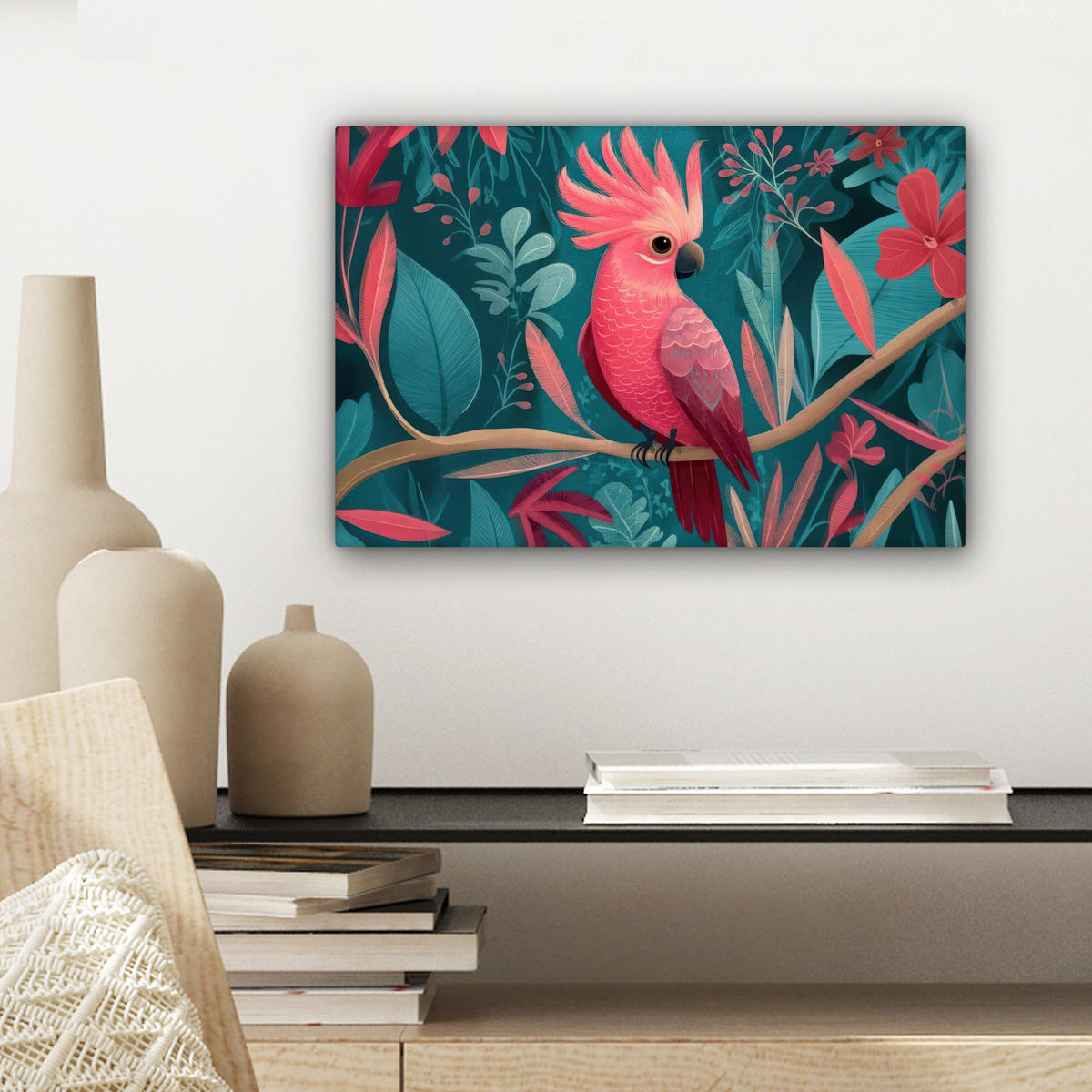 LEINWANDBILD Kakadu - Tropische Blätter - Zweig Deko Schlafzimmer 30x20 cm - Petrol, Textil (30/20cm) - MuchoWow