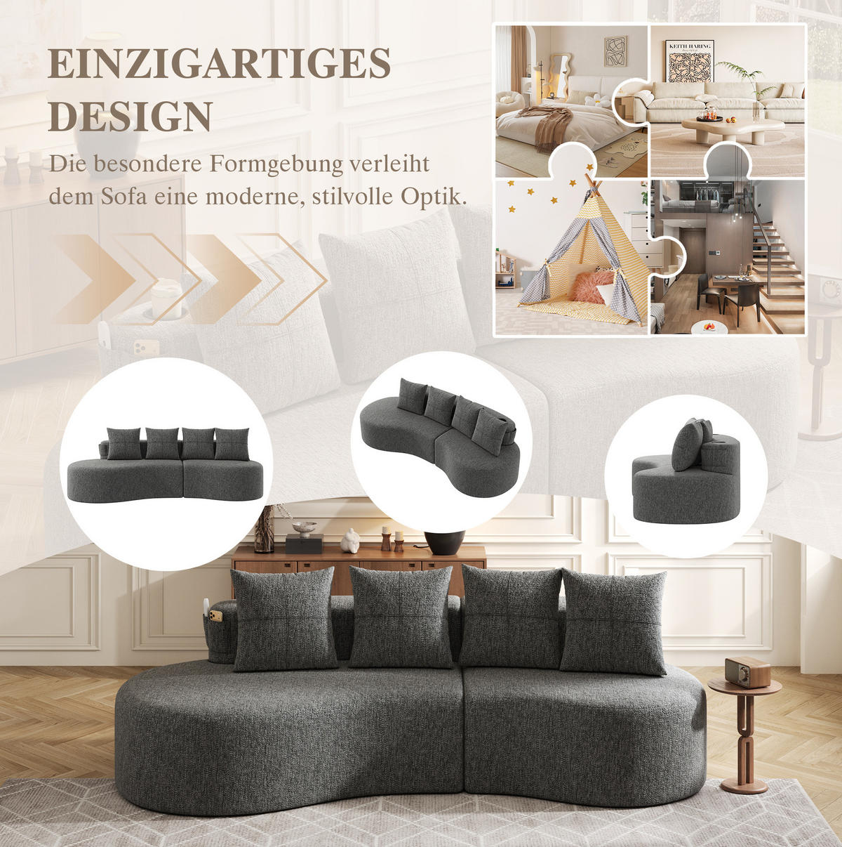 SOFA mit 4 Kissen 240 x 109 x 60 cm Leinen Dark Gray - Dunkelgrau, Kunststoff (109/63/240cm) - Meubliv