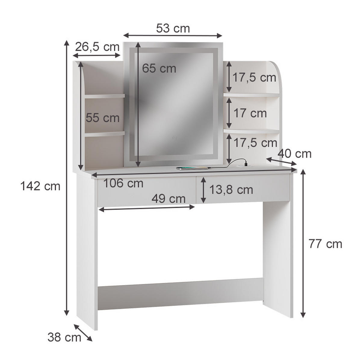 SCHMINKTISCH Charlotte Weiß 106 cm mit LED-Spiegel und QI-Ladestation - Weiß, Holzwerkstoff (106/142/40cm) - Vicco