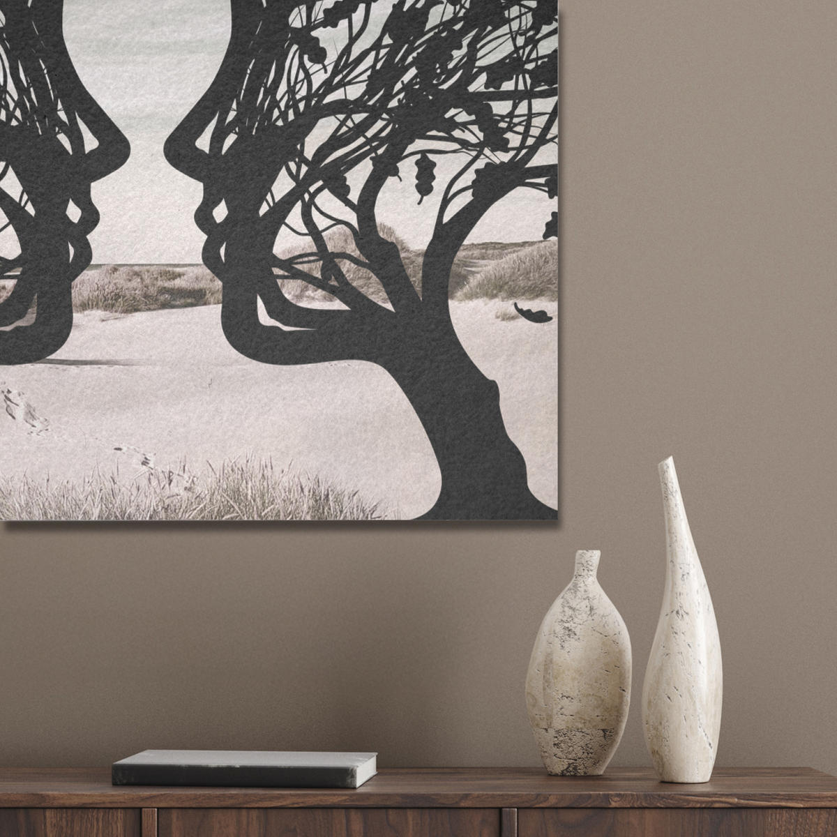AKUSTIKBILD Strand - Meer - Menschen - Baum - Moderne Kunst Wanddeko 60x90 cm - Hellgrau, Kunststoff (60/90/0.9cm) - MuchoWow