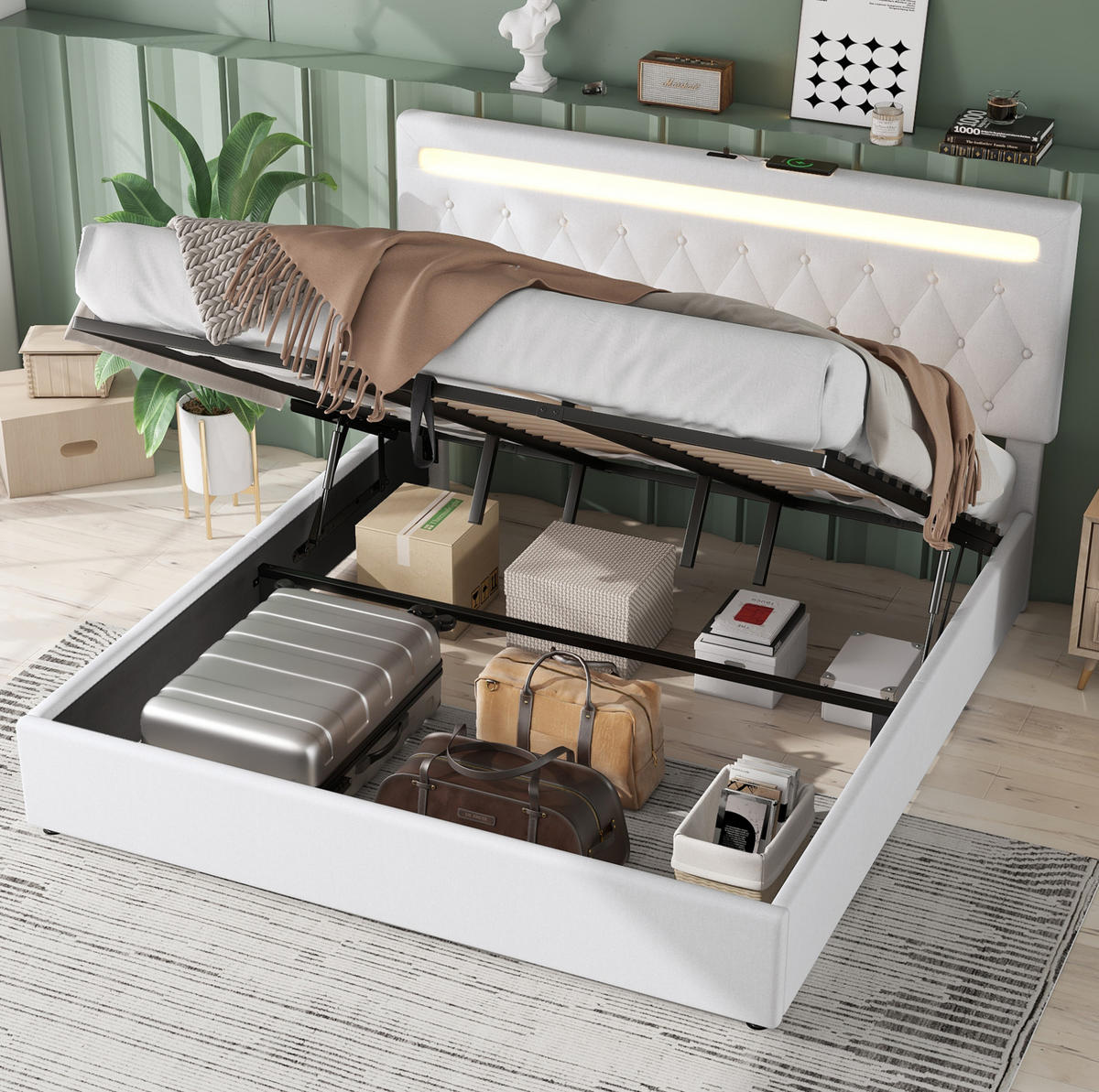 POLSTERBETT 180/200 cm aus Leinen mit LED-Beleuchtung, USB- und USB-C-Anschluss und hydraulischem Stauraum, Weiß - Weiß, Textil (180/200cm) - Redom