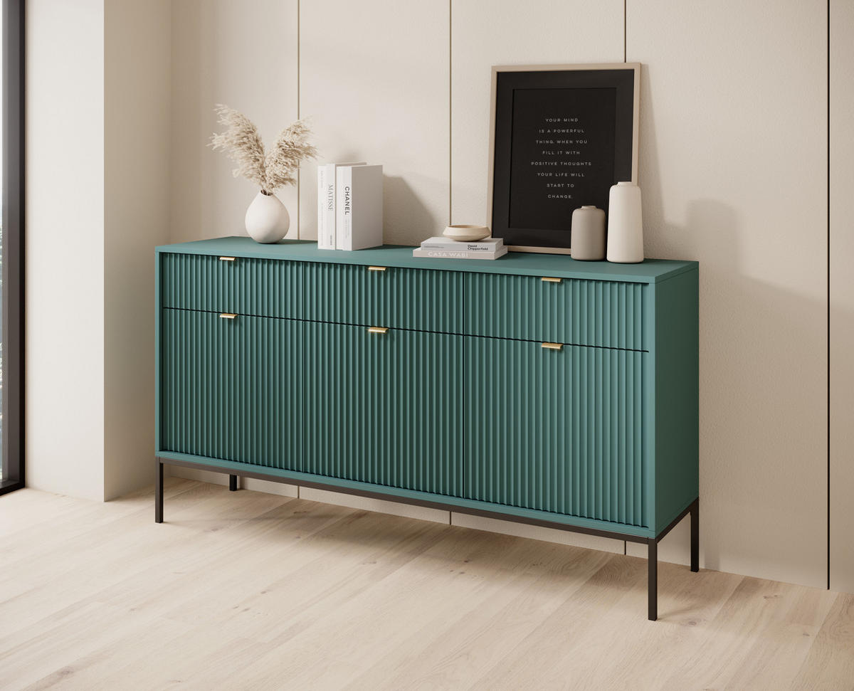 SIDEBOARD Eternas 3T 3S Grün 154/83/39 cm – schwarze Füße, mit geriffelten Fronten - Schwarz/Grün, Holzwerkstoff (154/83/39cm) - AX Living