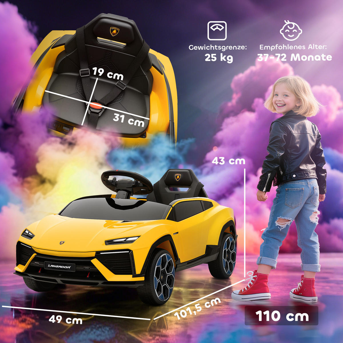 KINDER-ELEKTROAUTO 12V Kinderauto mit 2,4 GHz Fernbedienung, 2 Motor LED, Musik - Gelb, Kunststoff (101.5/49/43cm) - AIYAPLAY