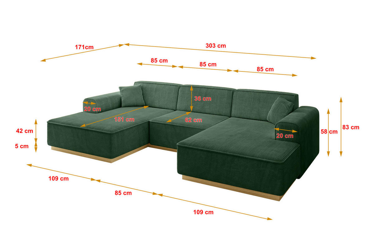 WOHNLANDSCHAFT IREA-U1-v2 - 303x171x83 cm Grün - Currygelb, Holzwerkstoff/Textil (303/83/171cm) - ALTDECOR