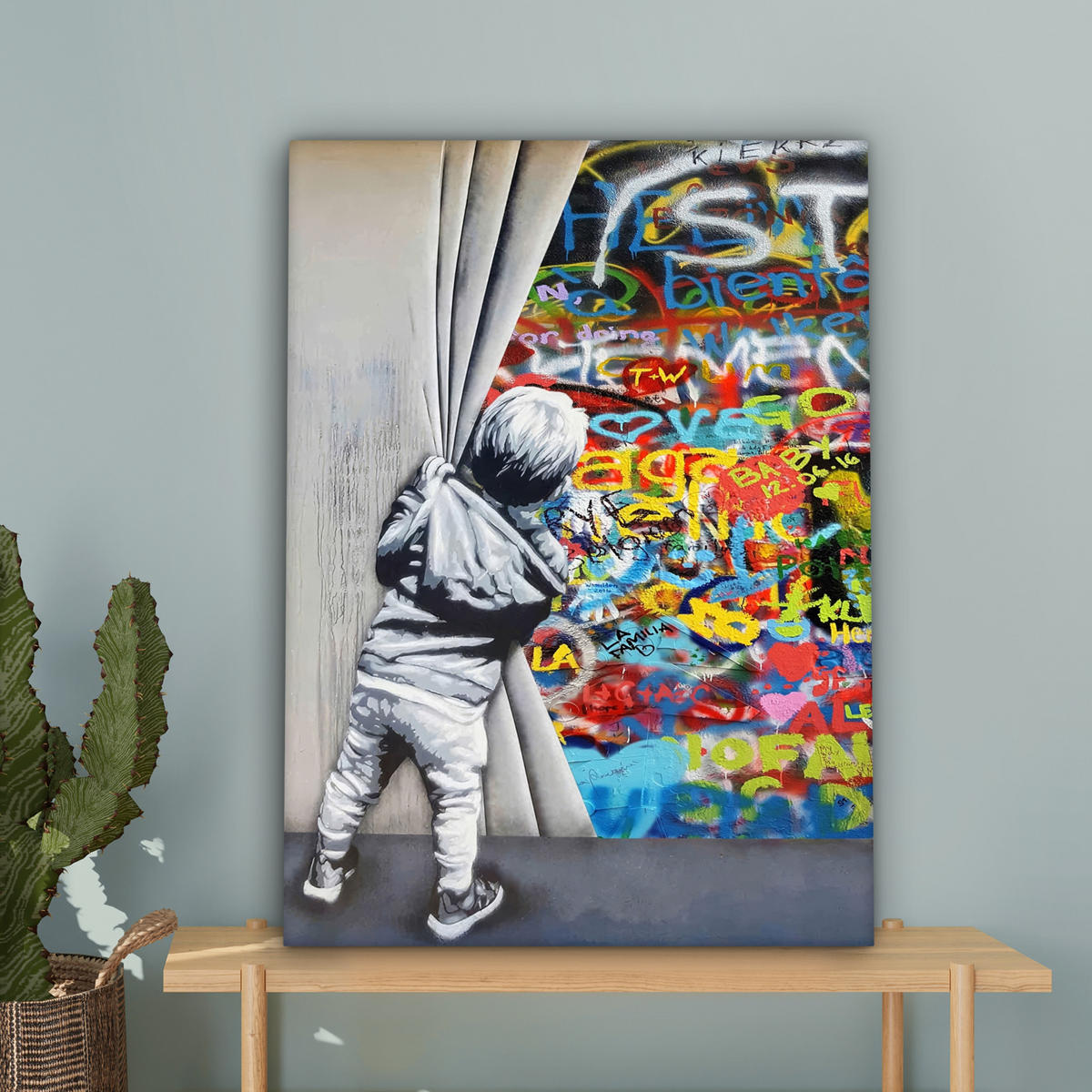 LEINWANDBILD Graffiti - Junge - Ilussie - Straßenkunst Wandbild Wohnzimmer 60x80 cm - Hellgrau, Textil (60/80cm) - MuchoWow