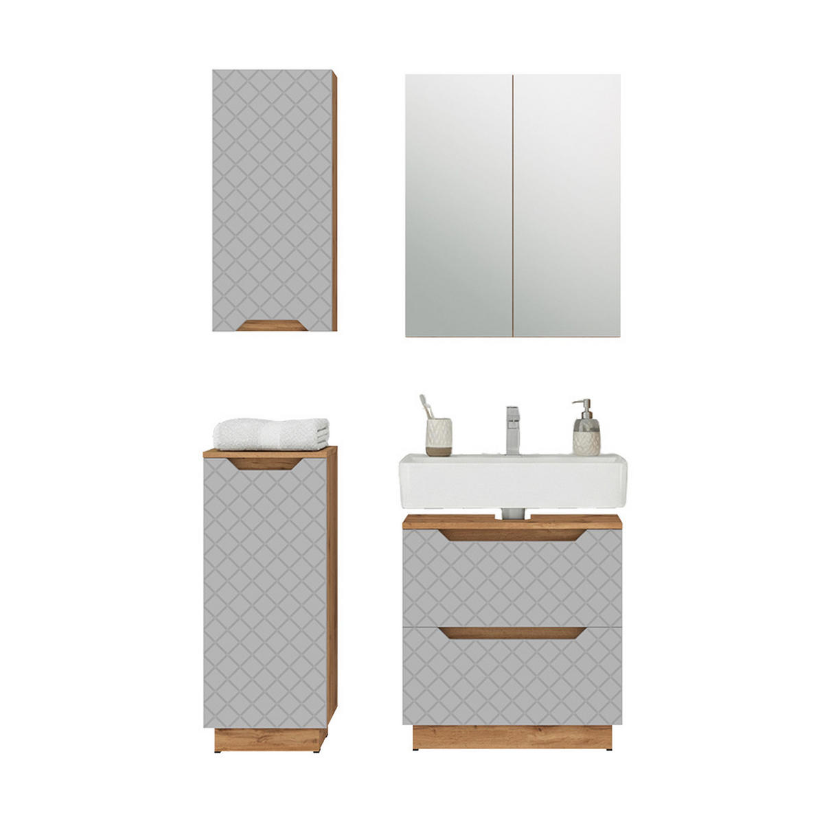 BADMÖBEL-SET Lotta Eiche/Grau mit Kachelstruktur 4 Teile - Grau, Holzwerkstoff (59.8/62.5/32cm) - Vicco