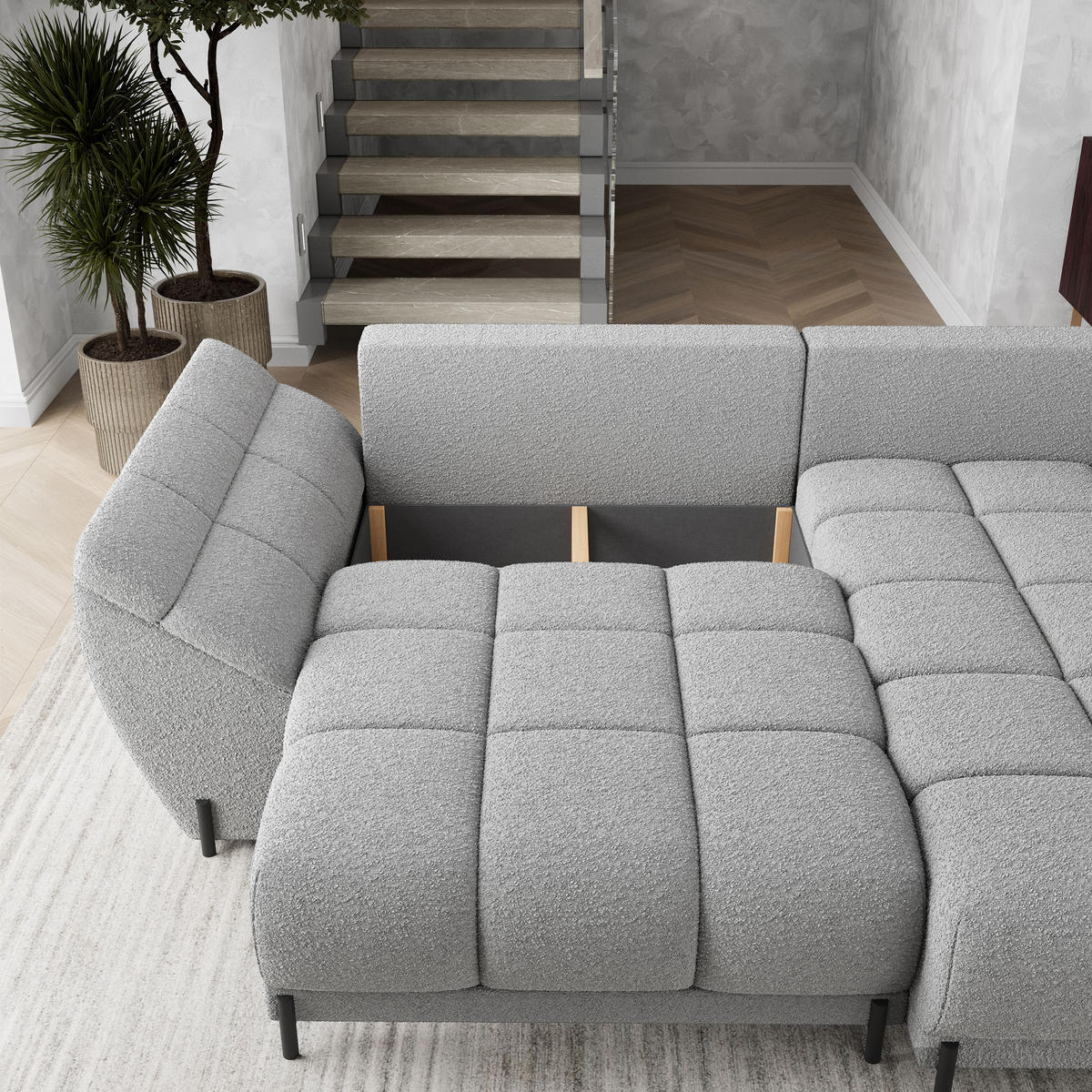 ECKSOFA VESTANO R-S Schwarz Boucle-Stoff mit Schlaffunktion - Schwarz, Holz (287/182cm) - MASSENO