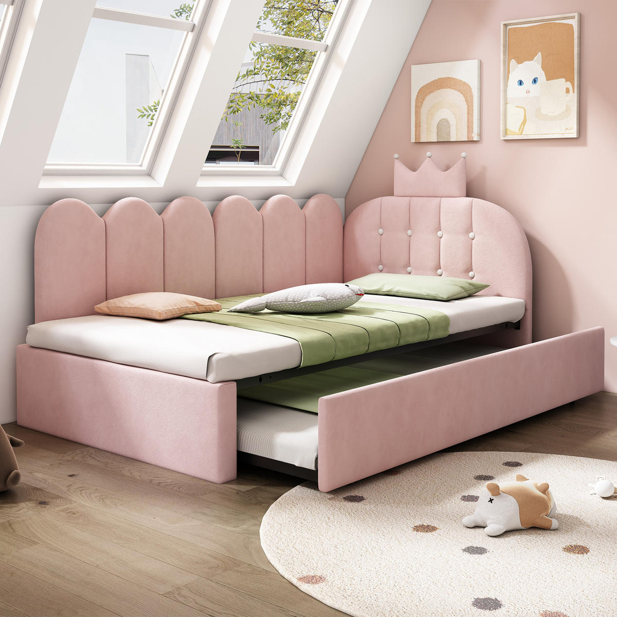 POLSTERBETT 90/200 cm mit Ausziehbett, Kronen- und Gitterdesign aus Samt, Rosa - Rosa, Textil (90/200cm) - Redom