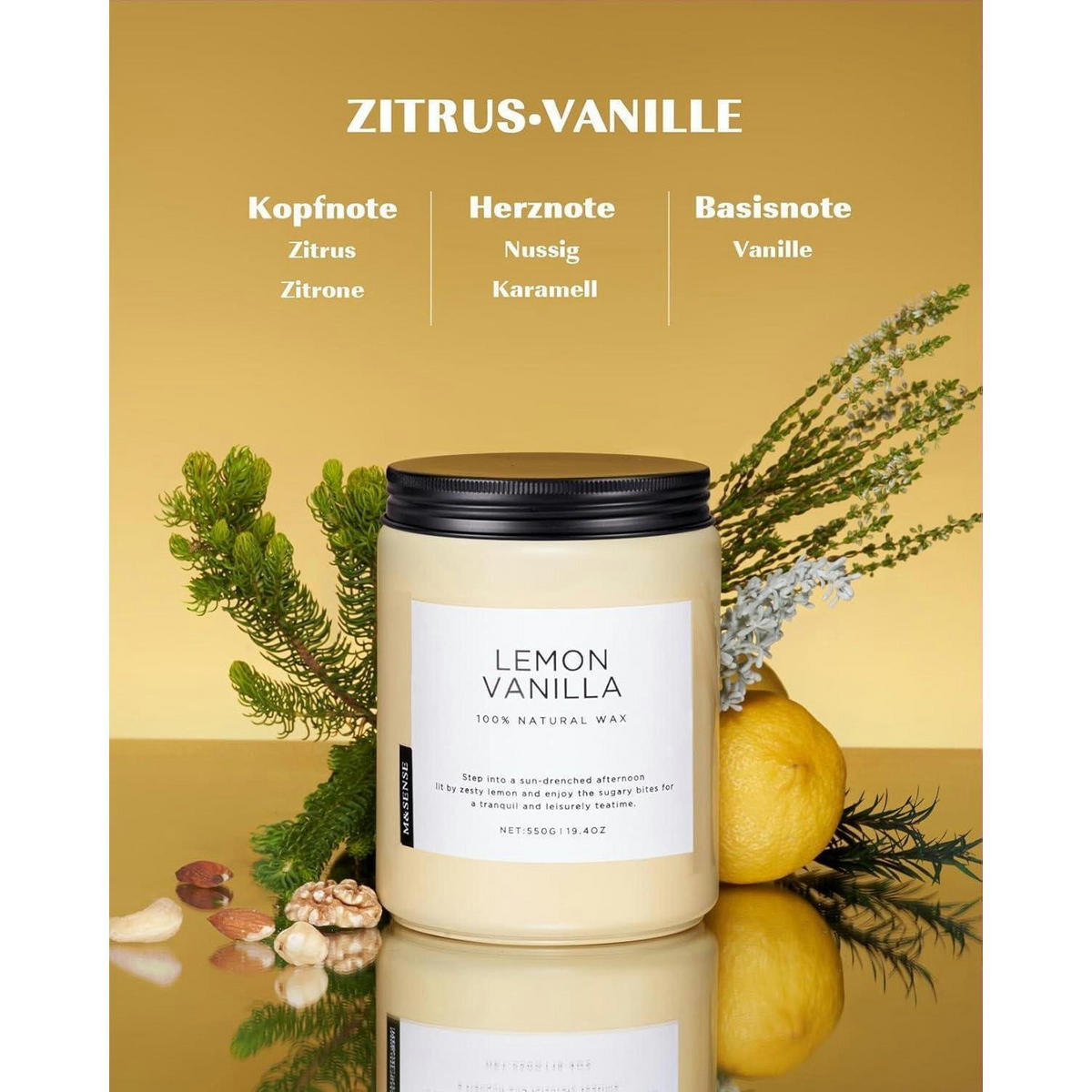 DUFTKERZE Zitrone Vanille 550g 110 Stunden Brenndauer Sojawachs im Glas - Gelb, Paraffin (13cm)