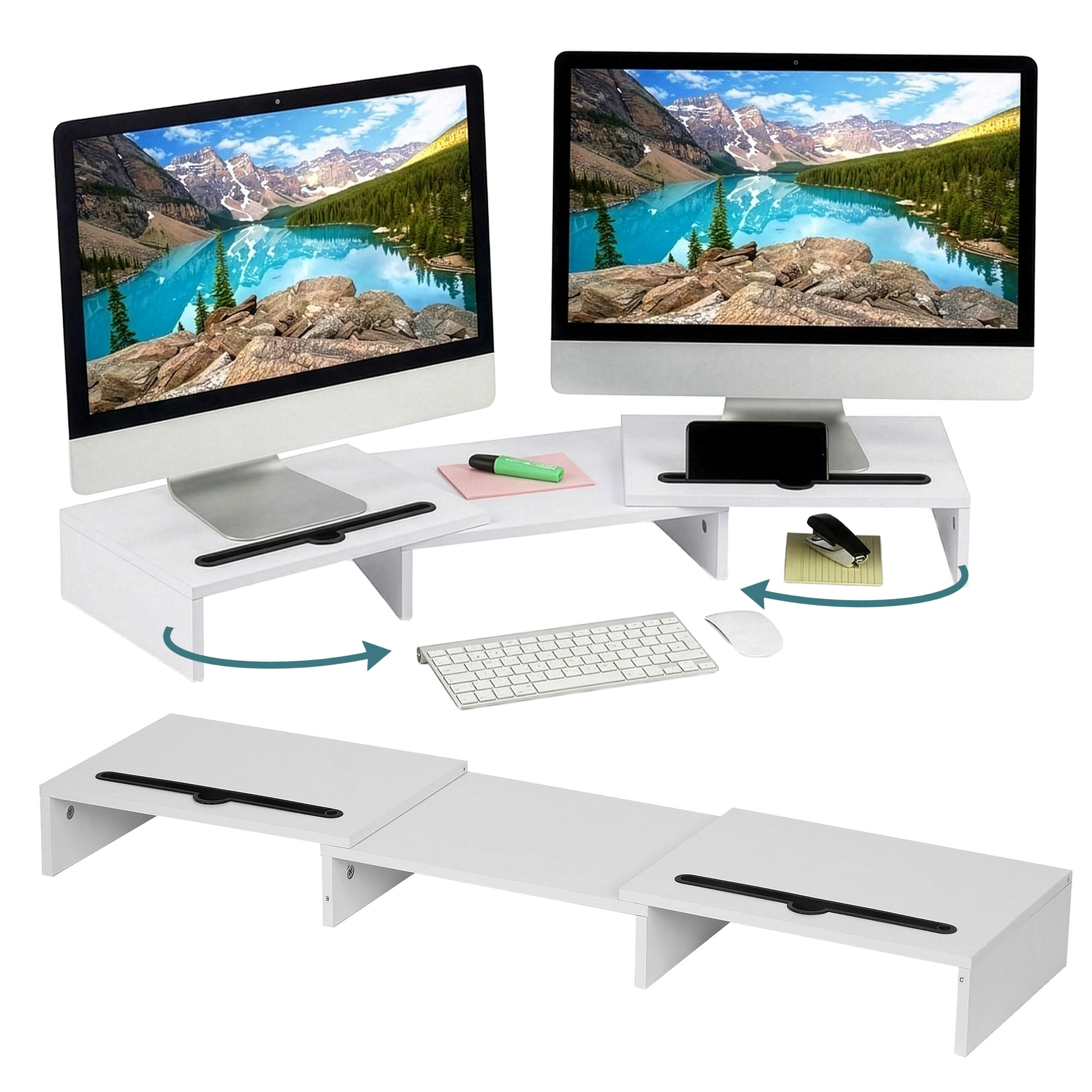 MONITORSTÄNDER Weiß für 2 Monitore verstellbar 105 cm - Weiß, Holzwerkstoff (27/105/10cm) - Relaxdays