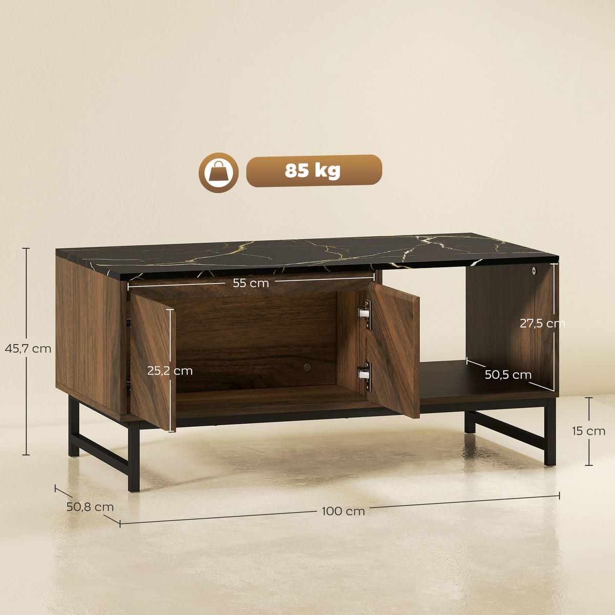 COUCHTISCH DE-15801 mit 2 Türen & 2 offenen Fächern Nussbaum - Walnussfarben, Holzwerkstoff (100/50.8/45.7cm) - ComfortXL