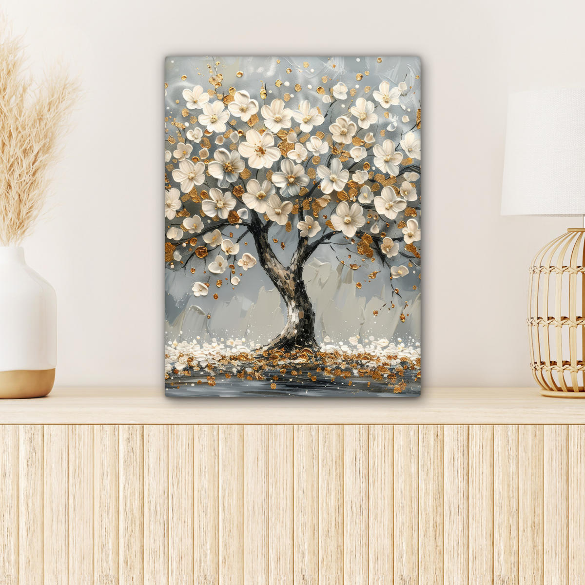 LEINWANDBILD Baum - Blumen - Weiß - Natur - Kunst Room Decor 30x40 cm - Weiß, Textil (30/40cm) - MuchoWow