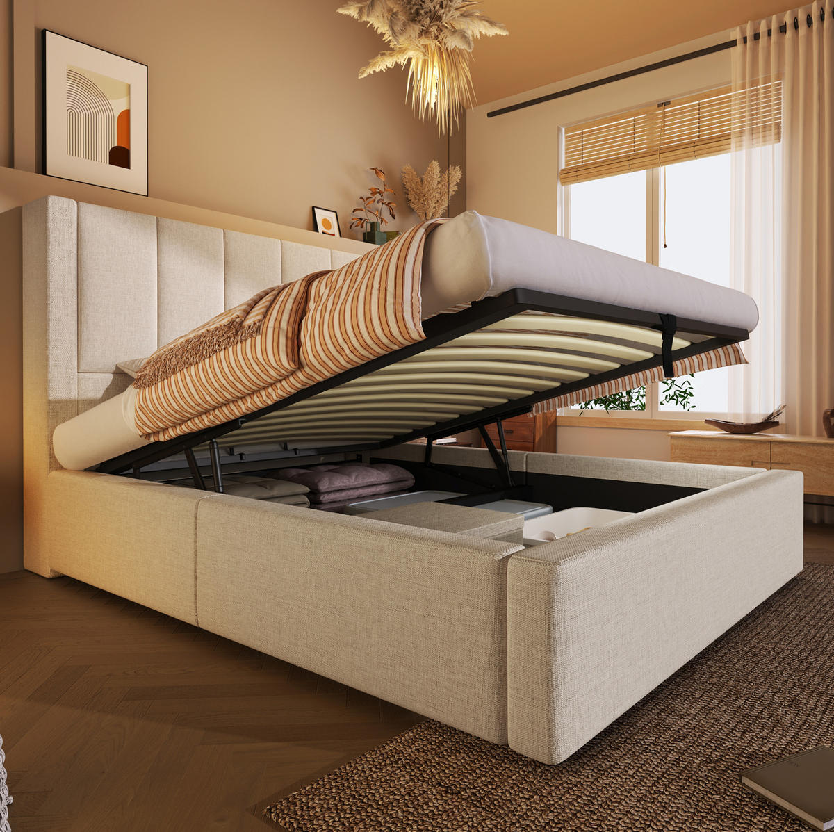 POLSTERBETT 90/200 cm aus Leinen mit Ladestation Becherhalter und Bettkasten Beige - Beige, Textil (90/200cm) - Modenvie