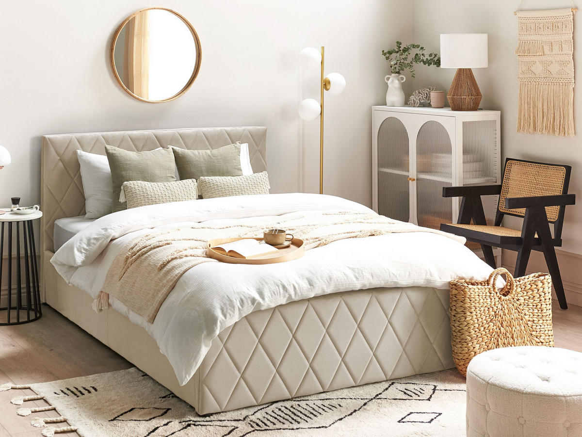 BETT mit Stauraum 140x200 cm Beige Rochefort - Beige, Textil (140/200cm) - Beliani