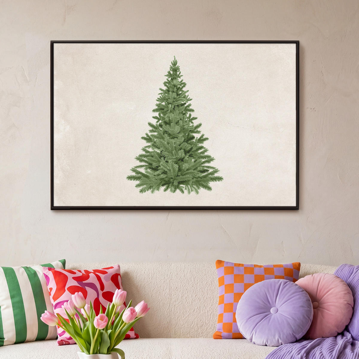 LEINWAND Bilder mit Rahmen - Weihnachtsbaum - Grün - Weihnachten - Feiertage - 90x60 - Olivgrün, Textil (90/60cm) - MuchoWow