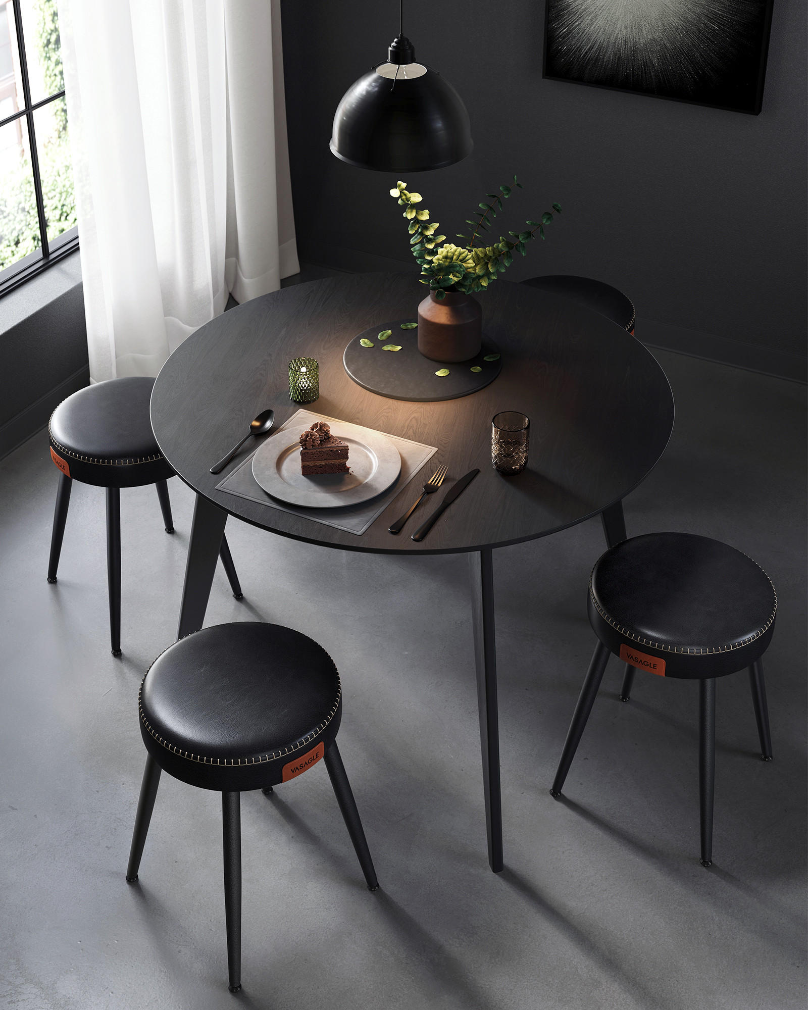 SITZHOCKER Ekho (2er Set) - Schwarz, Leder (48/48/48cm) - VASAGLE