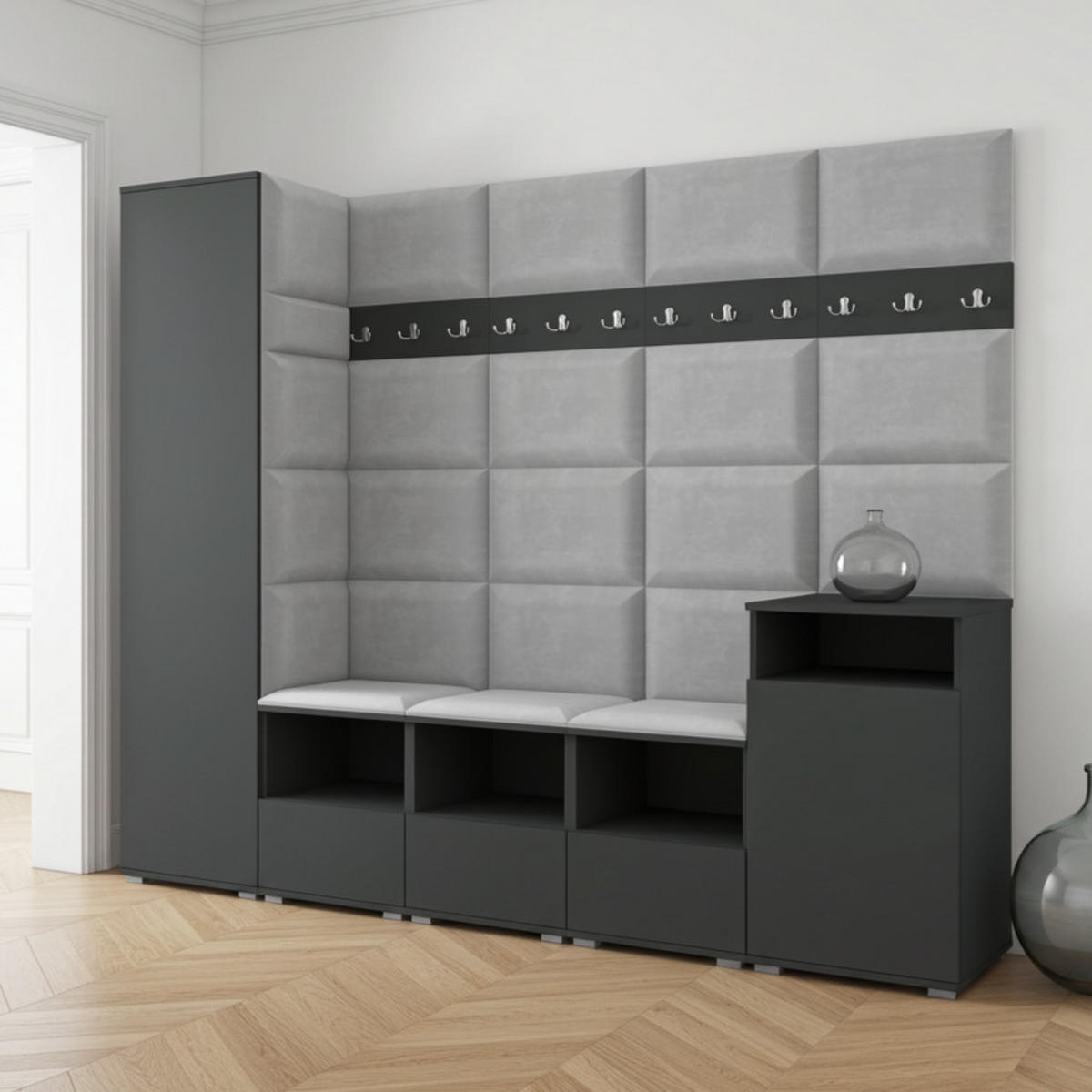 GARDEROBE NELA XI 250 cm (Modulare Flurmöbel Graphit mit Sitzpolster Hellgrau 32 Großes Set) - Silberfarben/Hellgrau, Holz/Holzwerkstoff (250/187/40cm) - Ravio