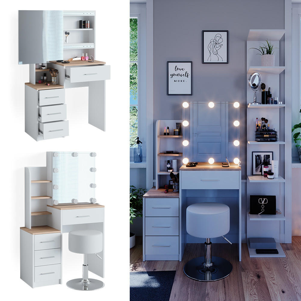 SCHMINKTISCH Conrada Weiß/Sonoma 80 cm mit LED Beleuchtung und Hocker - Weiß/Sonoma Eiche, Holzwerkstoff (36/131.6/80cm) - Vicco