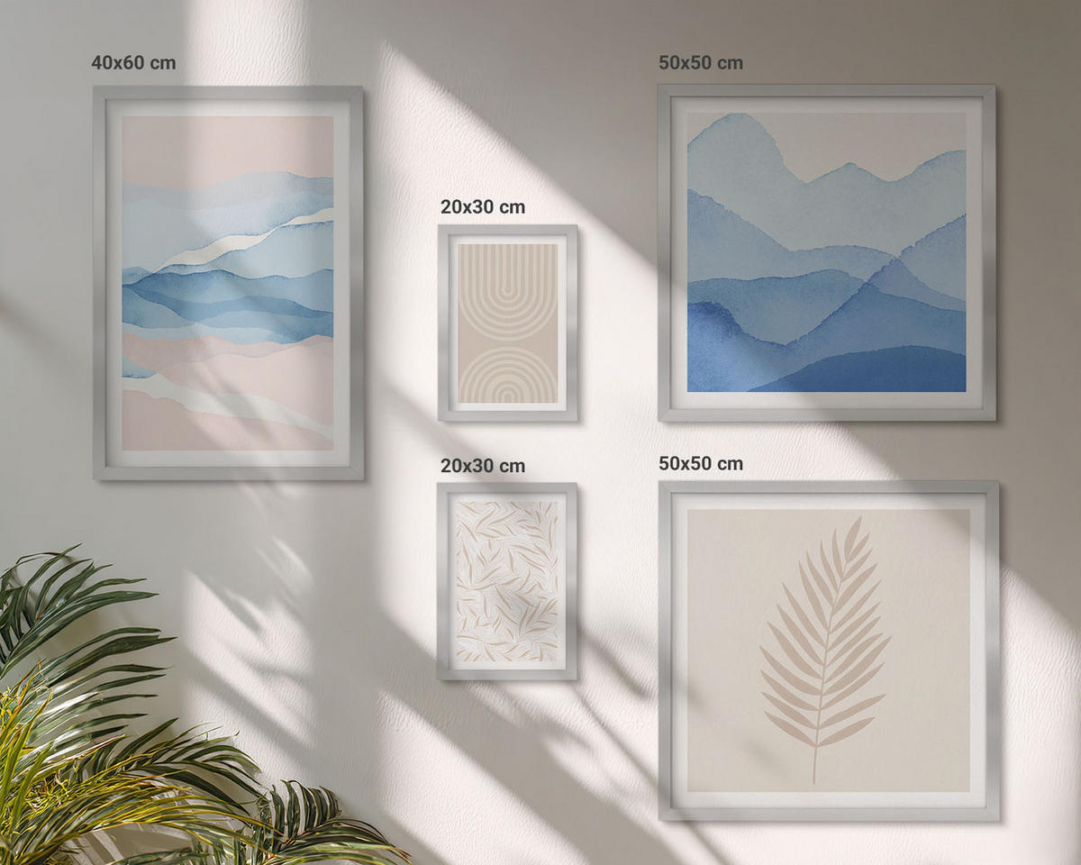 WANDBILDER 5er Set - 50x50 cm & 20x30 cm & 40x60 cm Silberner Rahmen - Blätterwellen beige blau - Silberfarben, Kunststoff (40/60cm) - ArtPrintCave