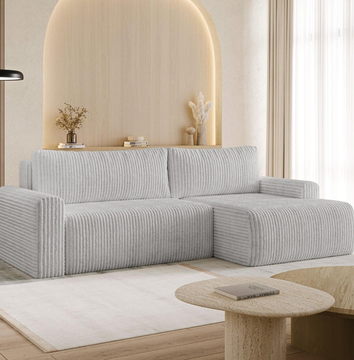 ECKSOFA MILO LARGE mit Schlaffunktion, Bettkasten und Cordbezug, Rechts - TILIA 86 (aschgrau) - Grau, Holz (270/142cm) - Dekori_Interiors
