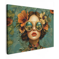 LEINWANDBILD Frau - Blumen - Schmetterlinge - Natur - Vintage Wandbild 40x30 cm - Salbeigrün, Textil (40/30cm) - MuchoWow