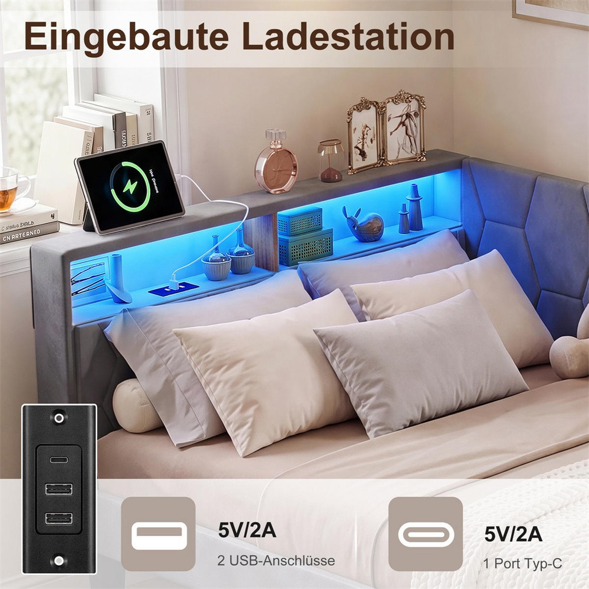POLSTERBETT 90x200 cm mit Kopfteil-Stauraum - 2 Schubladen - USB Type-C & LED - ohne Matratze - Grau - Grau, Textil (90/200cm) - DELFA