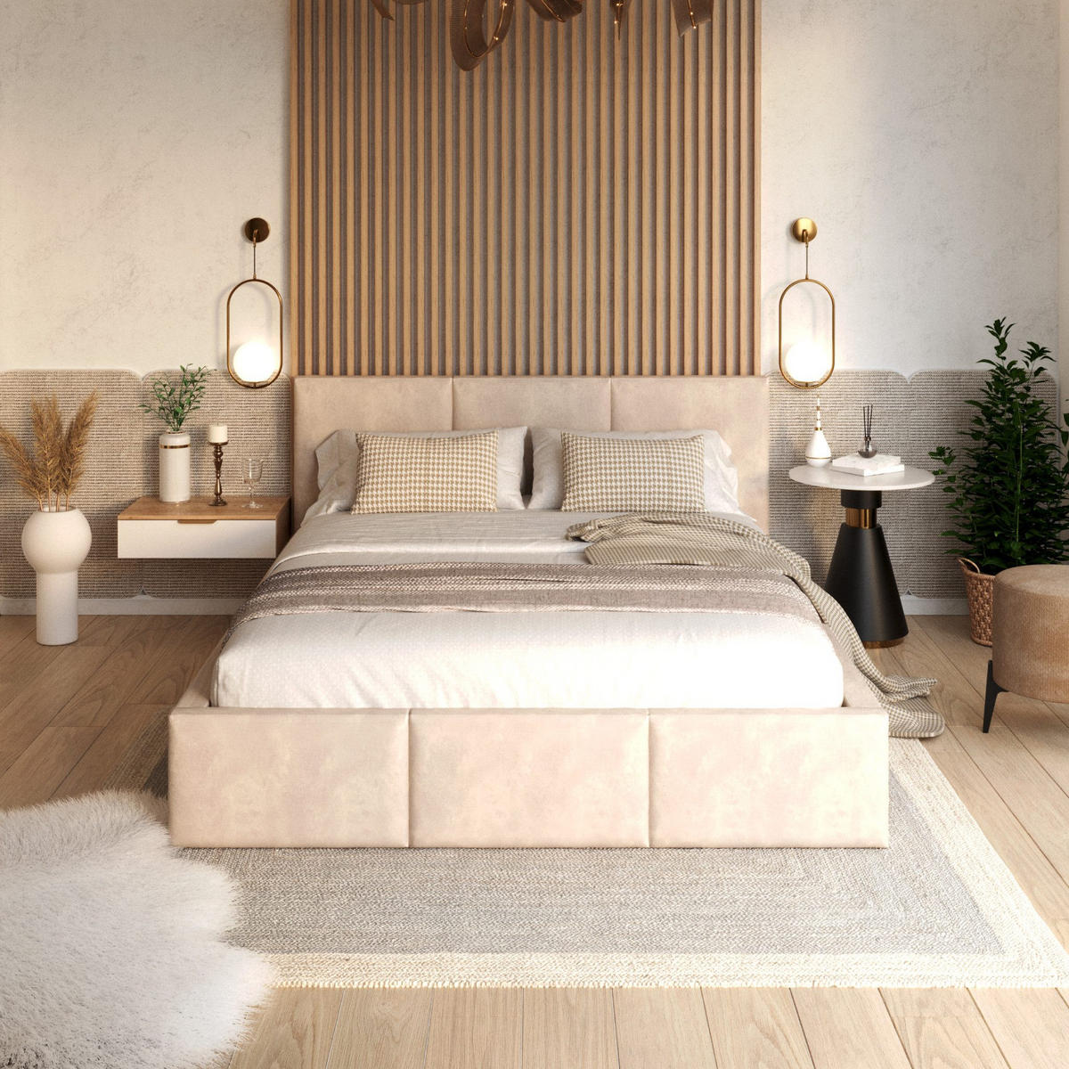 POLSTERBETT Amber Beige - Birkefarben/Beige, Holzwerkstoff (120/200cm) - FDM