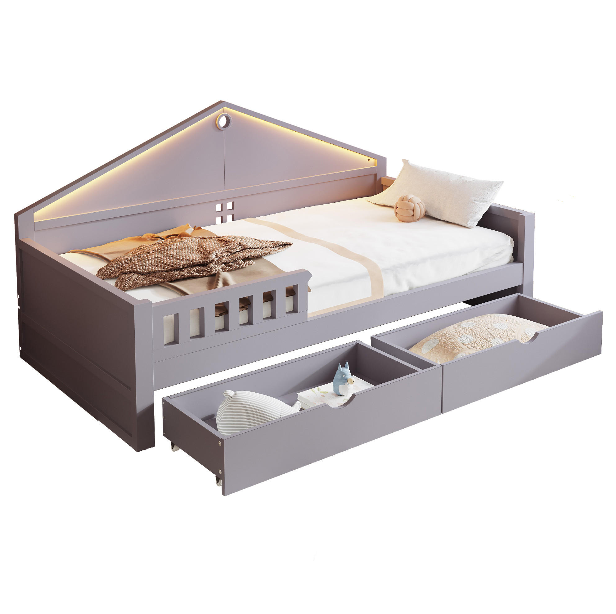 DETSKÁ posteľ 90/200 cm sivá z masívneho dreva a MDF s LED osvetlením a 2 zásuvkami - sivá, drevo (90/200cm) - OKWISH