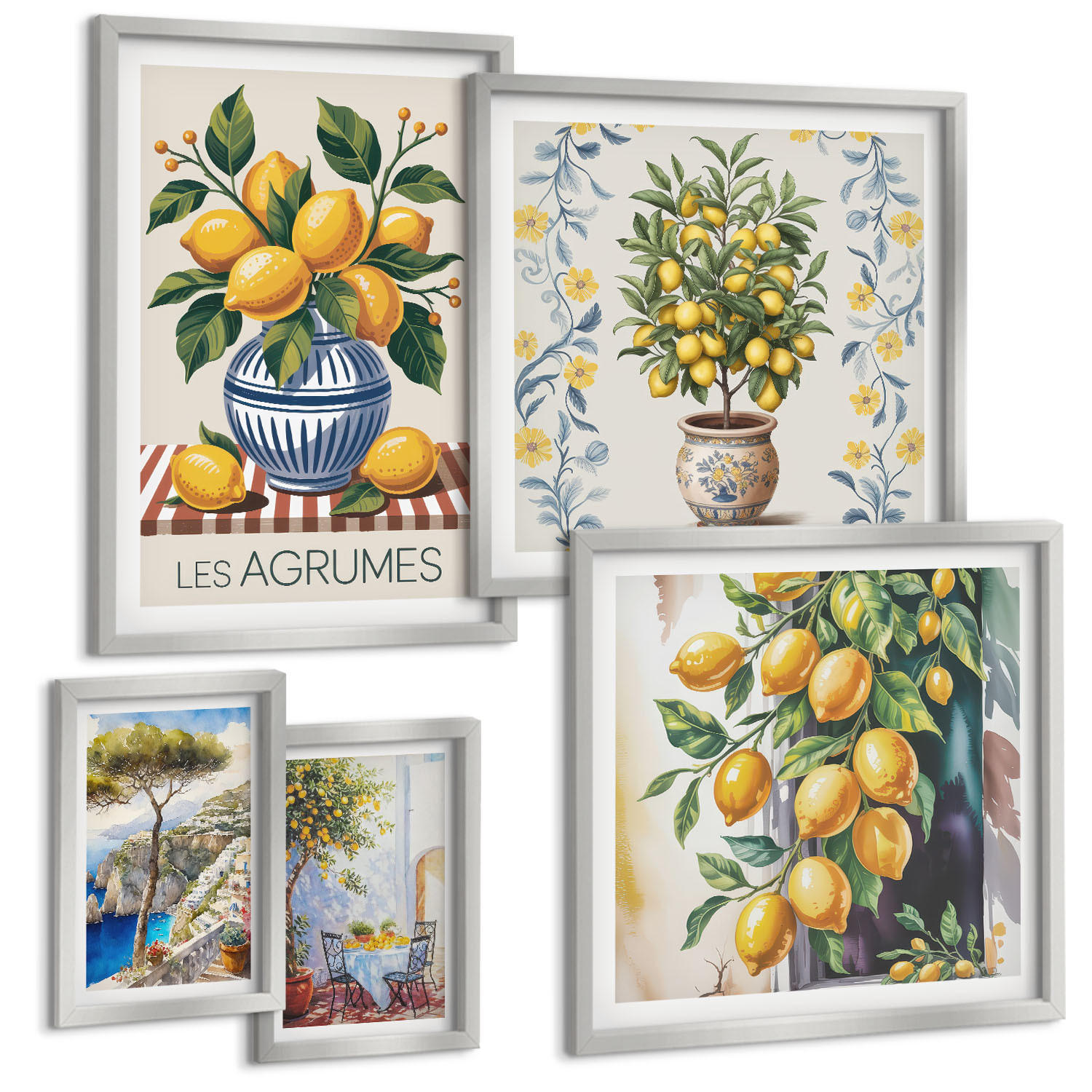 BILDER SET 5er Set - 50x50 cm & 20x30 cm & 40x60 cm Silberner Rahmen - Zitronenbäume am Meer - Silberfarben, Kunststoff (40/60cm) - TULUP
