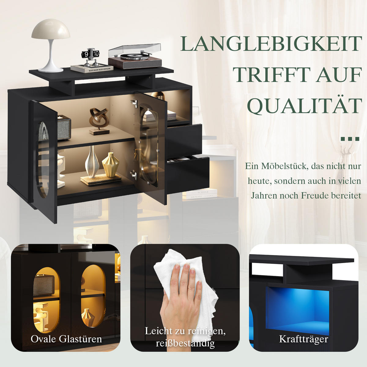 SIDEBOARD 120/40/80 cm mit LED-Beleuchtung, Glastüren und verstellbaren Einlegeböden, Schwarz - Schwarz, Holzwerkstoff (120/80/40cm) - Redom