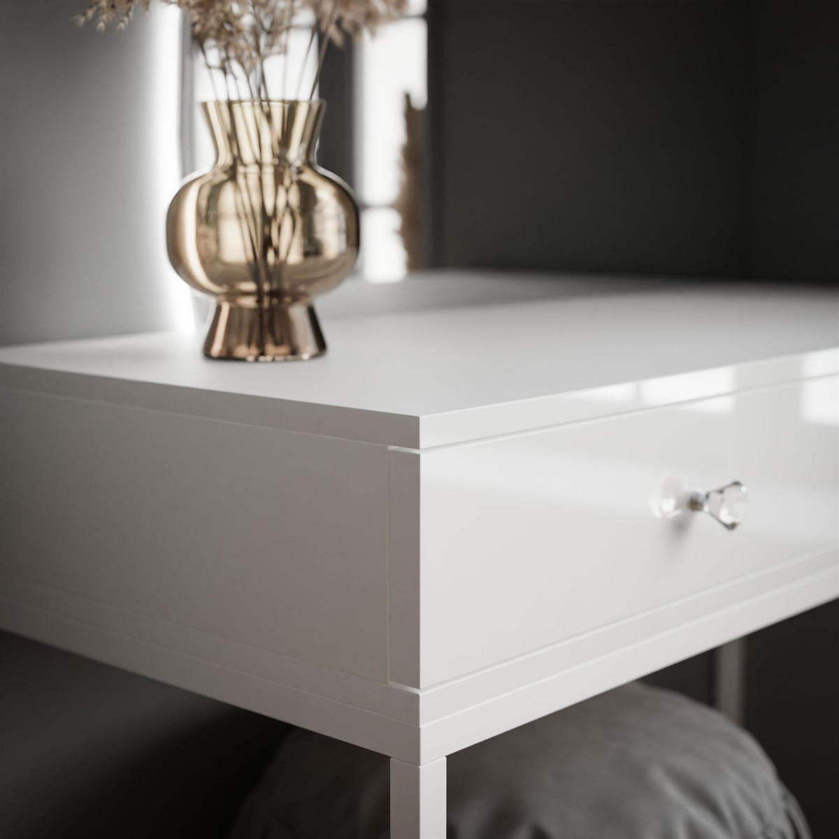SCHMINKTISCH weiß QUINNIE mit LED-Spiegel links Griff Kristall - Weiß Hochglanz/Weiß, Holzwerkstoff (100/176/42cm) - Lookway