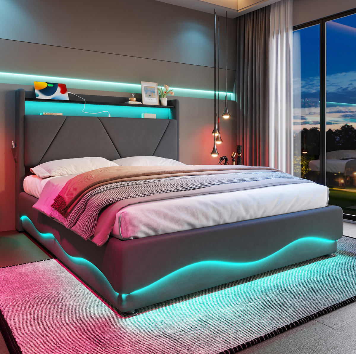 POLSTERBETT 140/200 cm aus Samt mit LED-Kopfteil und Stauraum Dunkelgrau - Dunkelgrau, Textil (140/200cm) - Modenvie
