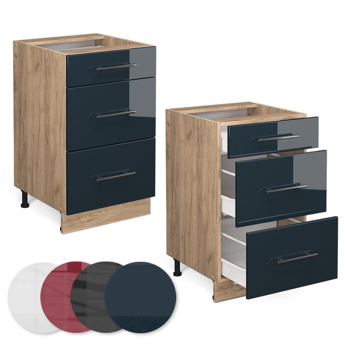 KÜCHENUNTERSCHRANK Fame-Line Dunkelblau Hochglanz 50 cm, AP Eiche - Eiche Wotan/Dunkelblau, Holzwerkstoff (50/82/60cm) - Vicco