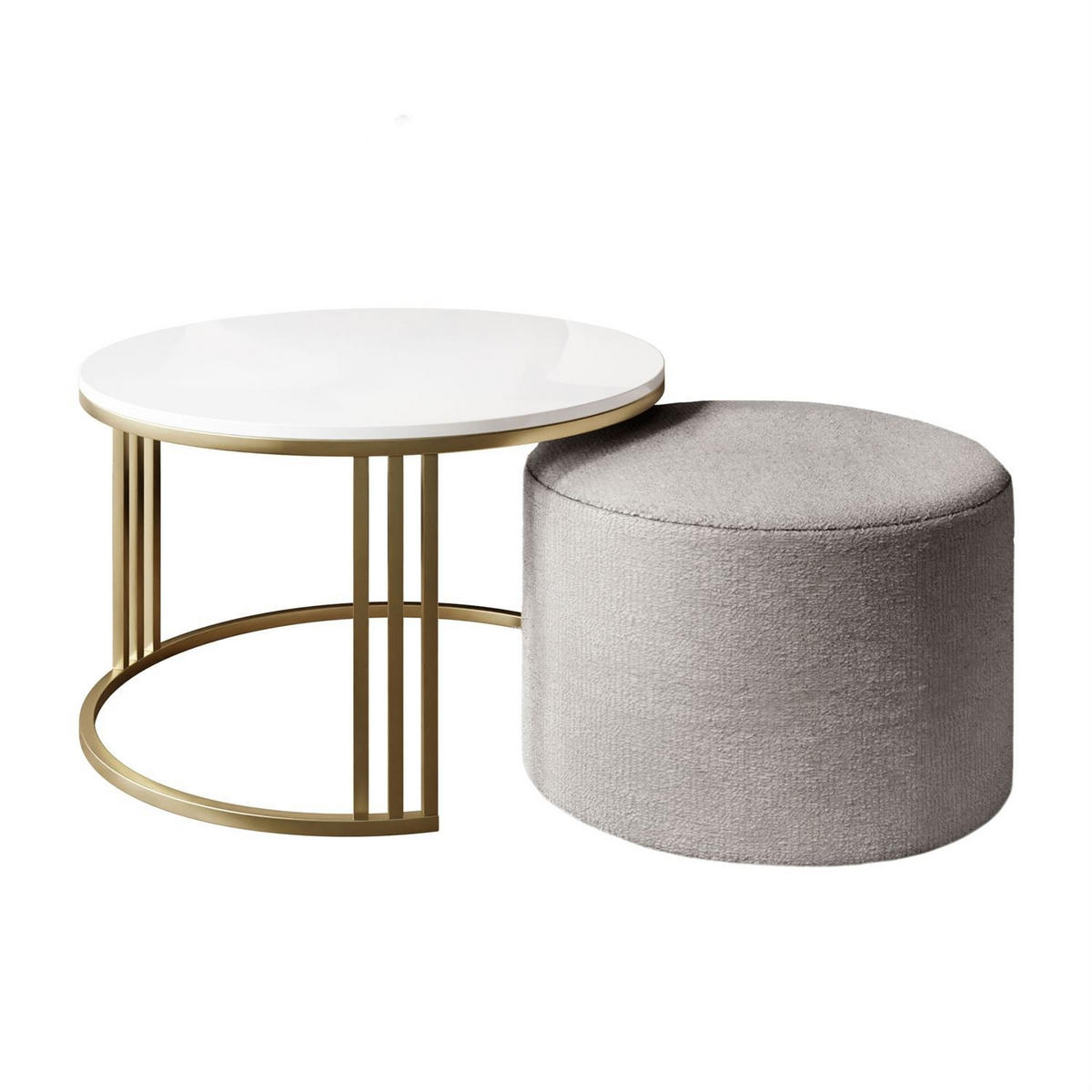 COUCHTISCH mit Hocker LORI Hochglanz gebürstetes Gold/weißer Glanz/Perfect Harmony 82 - Schwarz, Metall (70/70/49cm) - Lookway