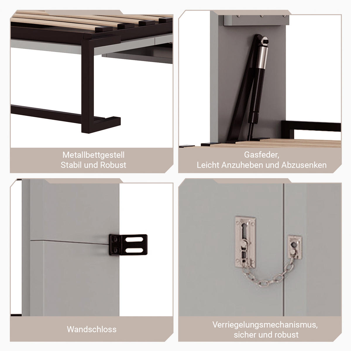 KLAPPBETT 140/200 cm in Grau Metall und Holz mit Wandverriegelung - Grau, Holzwerkstoff/Metall (140/200cm) - WISHDOR