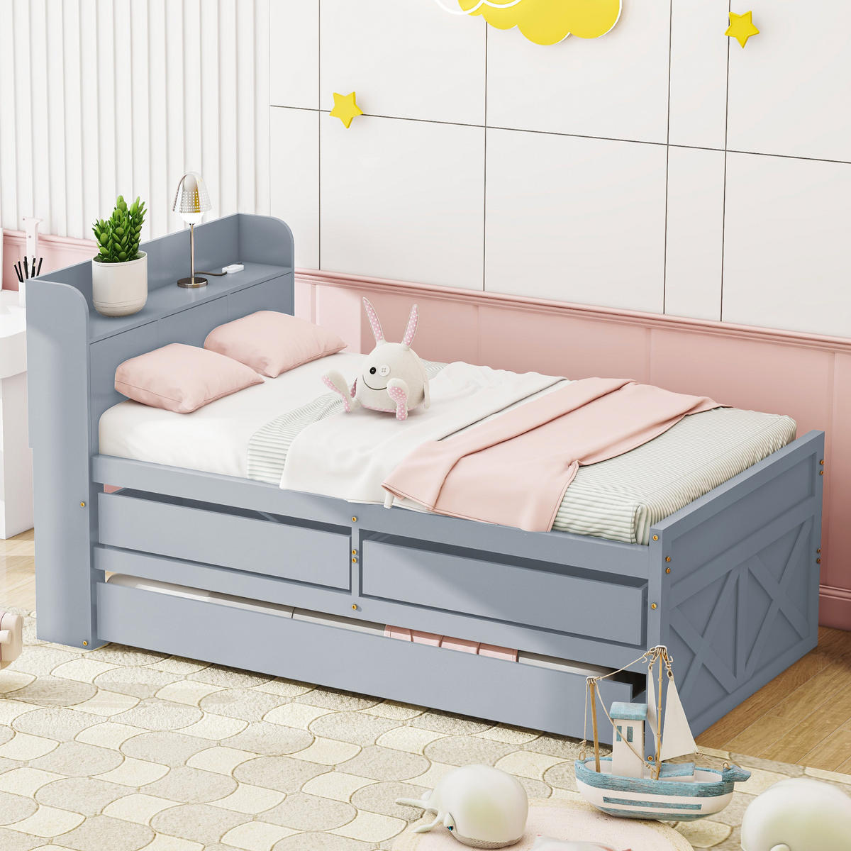 EINZELBETT 90/190 cm grau Multifunktionales Massivholzbett mit USB-Anschluss und ausziehbarem Bett - Grau, Holz (90/200cm) - OKWISH