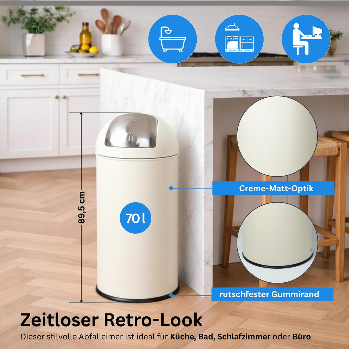 MÜLLEIMER 70 Liter mit Push Klappe Creme - Creme, Metall (41.5/89.5/41.5cm) - PROREGAL