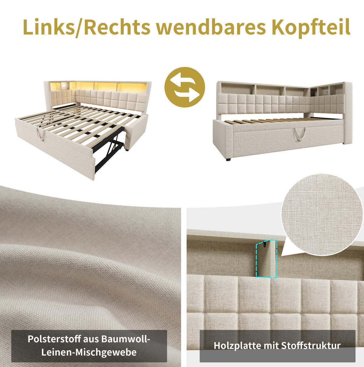POLSTERBETT 90/180x200 cm Beige mit LED-Beleuchtung und Bluetooth-Lautsprecher - Beige, Textil (90/200cm) - Flora Grace