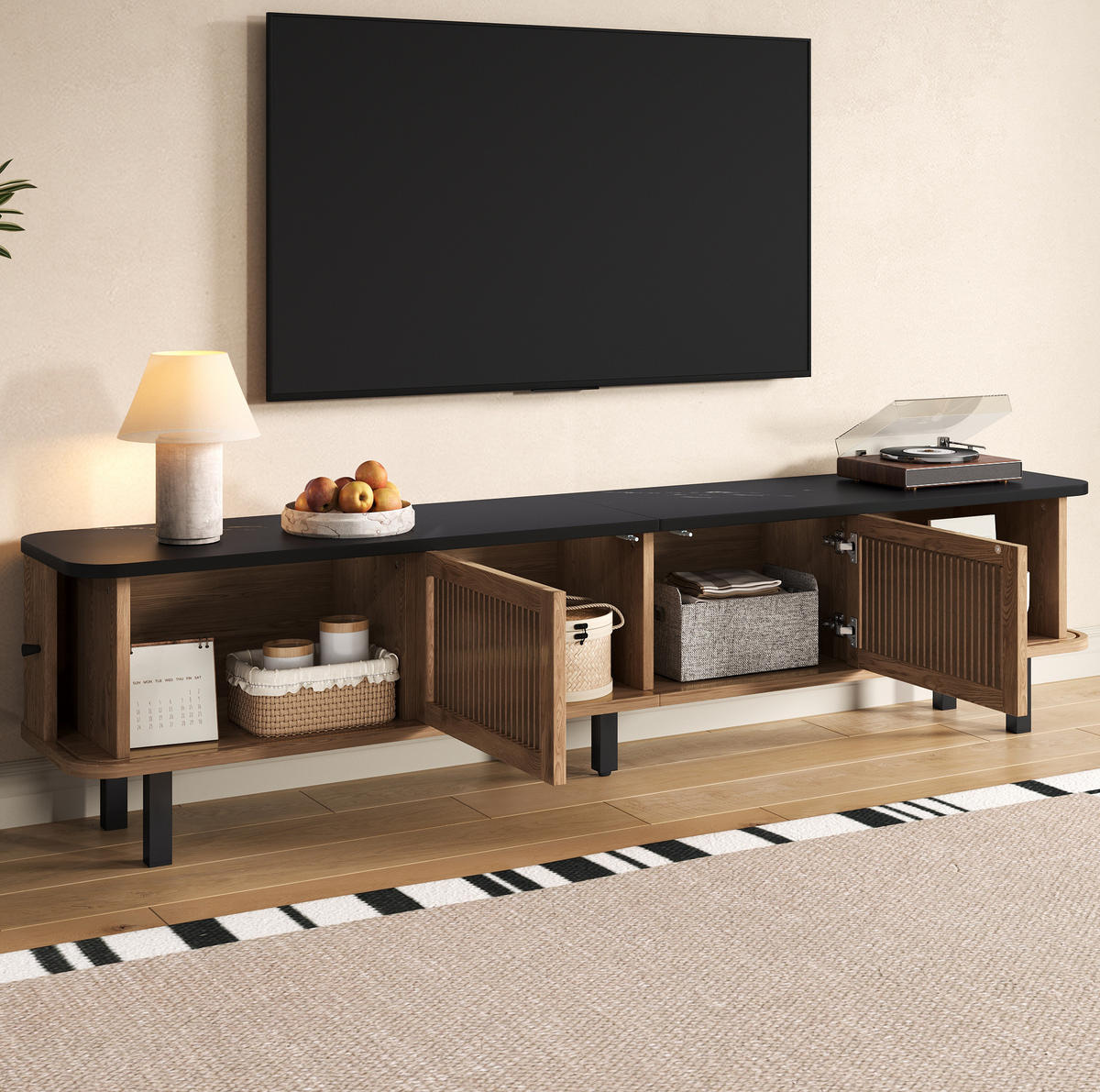 TV-LOWBOARD 190/35/45 cm mit Schiebetüren, Gittereinsatz und viel Stauraum, Eiche - Hellbraun, Holzwerkstoff (190/45/35cm) - Redom