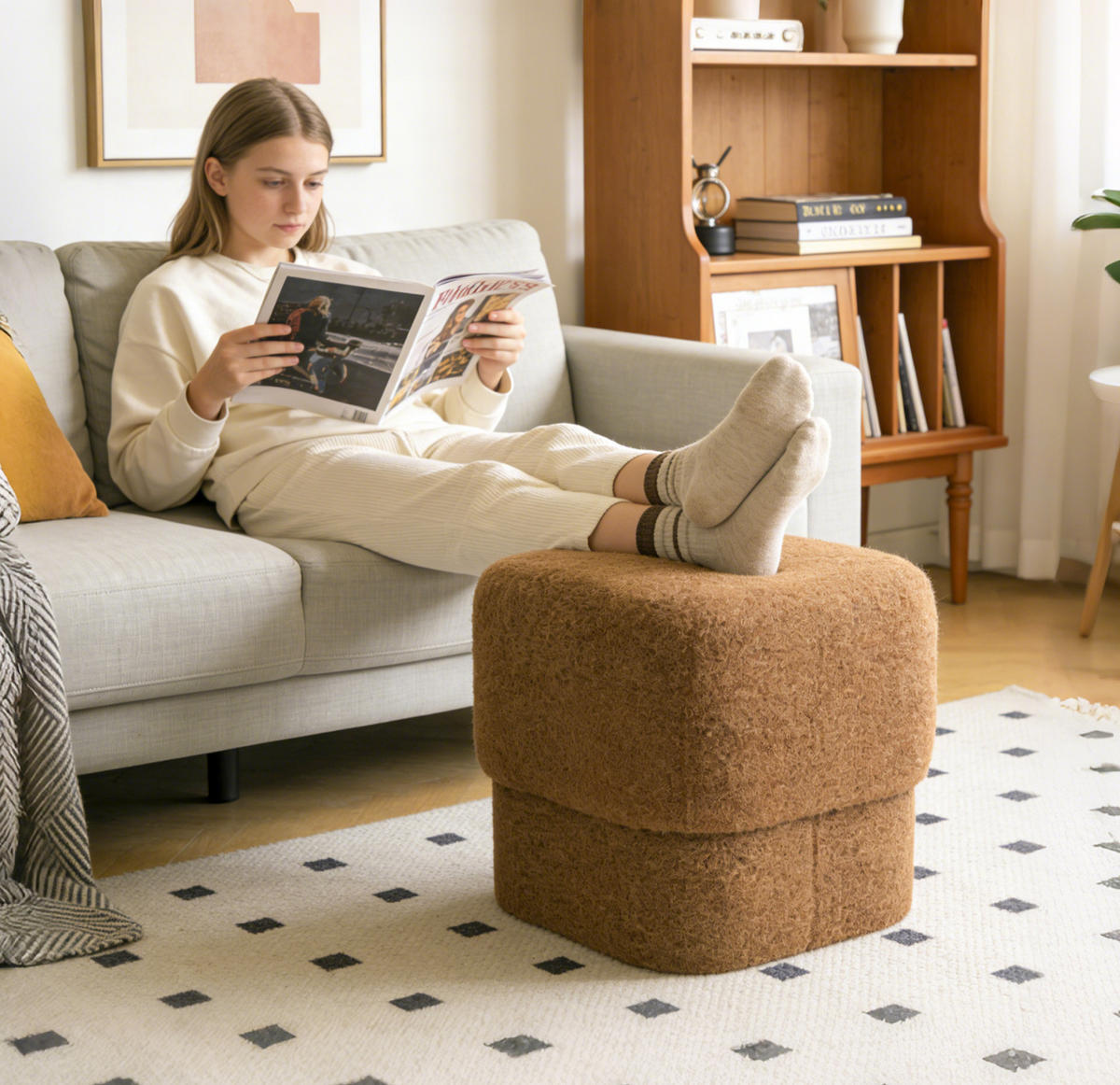 HOCKER Teddy-Stoff Braun 41 x 41 x 39 cm - Braun, Holzwerkstoff (42/40/42cm) - Hometopia