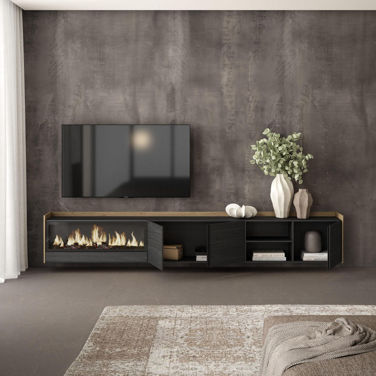 LOWBOARD, Schwarz und Eiche, 315/35/50cm, Kamin mit Feuereffekt XXL - Schwarz, Holzwerkstoff (315/50/35cm) - Skraut Home