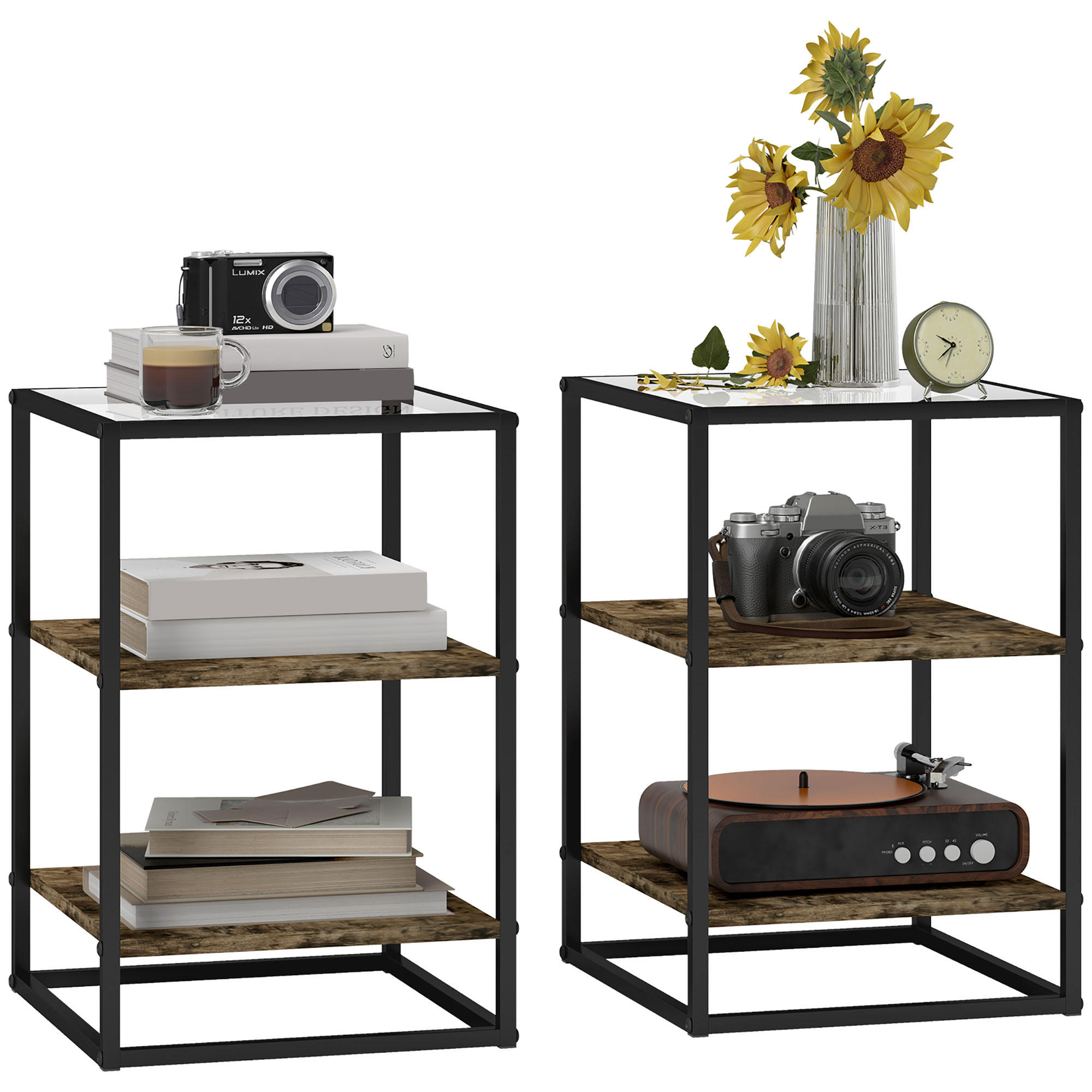 BEISTELLTISCH 2er-Set mit Glasplatte, 37 x 40 x 55,5 cm, Rustikales Braun - Braun, Glas (37/40/55.5cm) - HOMCOM