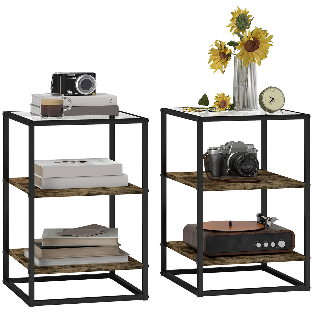 BEISTELLTISCH 2er-Set mit Glasplatte, 37 x 40 x 55,5 cm, Rustikales Braun - Braun, Glas (37/40/55.5cm) - HOMCOM