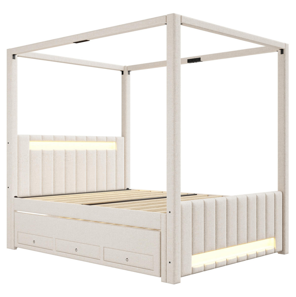 NEBESKÁ posteľ 140/200 cm béžová s výsuvným lôžkom, LED osvetlením a zásuvkami z MDF a ľanovej tkaniny - béžová, textil (140/200cm) - OKWISH