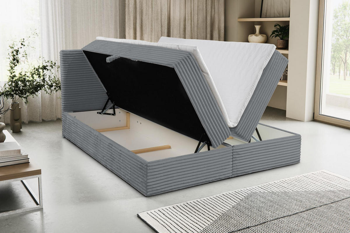 BOXBETT TILLY mit zwei Bettkästen H2/H3 Matratze und Topper 160 x 200 cm - Grau, Holzwerkstoff (160/200cm) - VENASI MÖBEL