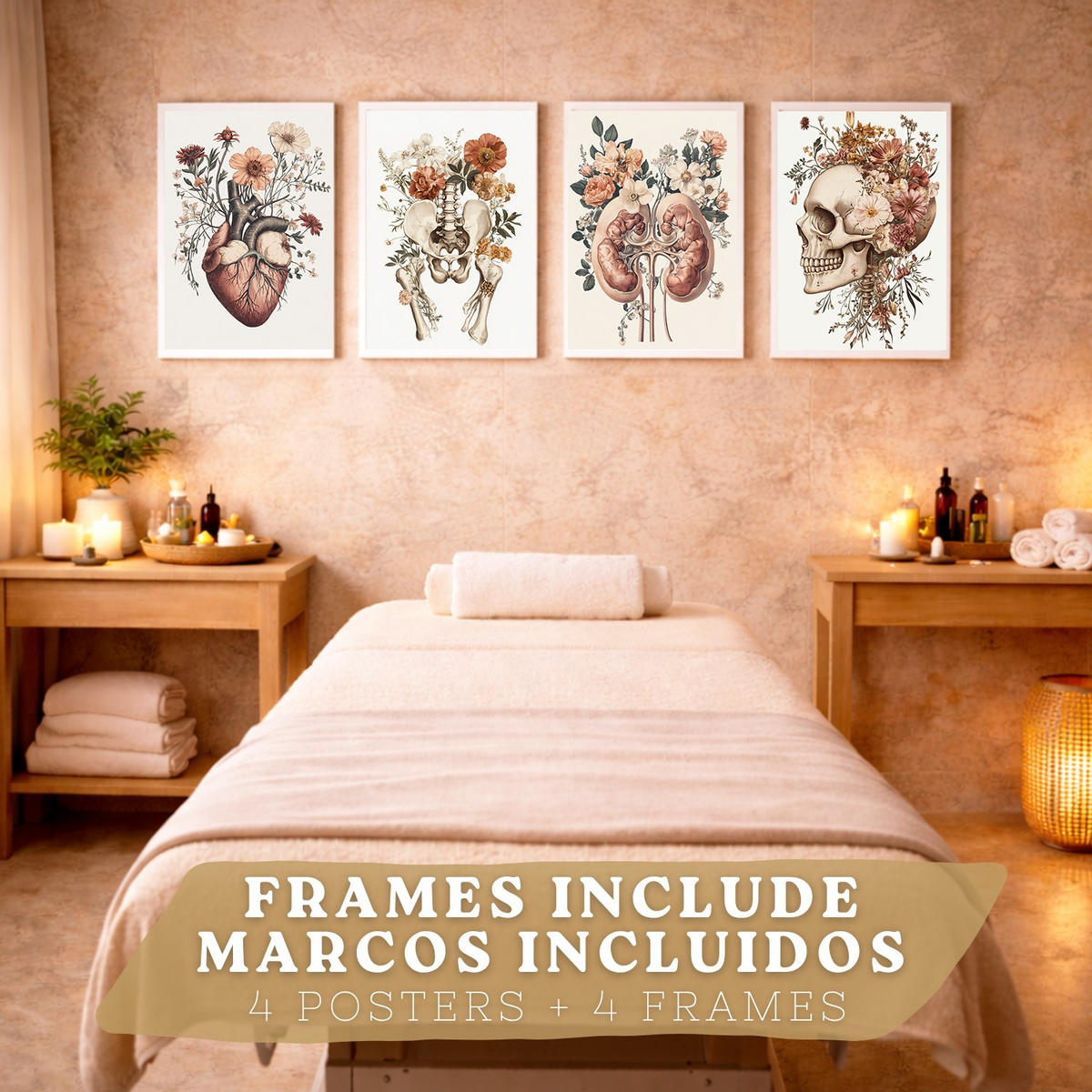 POSTER Set aus 4 Anatomie Drucke und Wandbilder mit Herz Nieren Schädel und Becken Botanischer Stil Medizinische Wanddekoration Größe Weißer Rahmen A4 - Weiß, Papier (21/29.7/3cm) - Nacnic